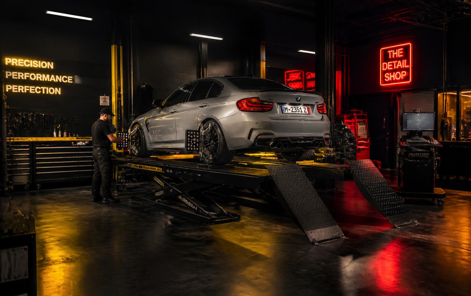 Carro sobre elevador em alinhamento 3D na oficina Tecnocar Auto Center